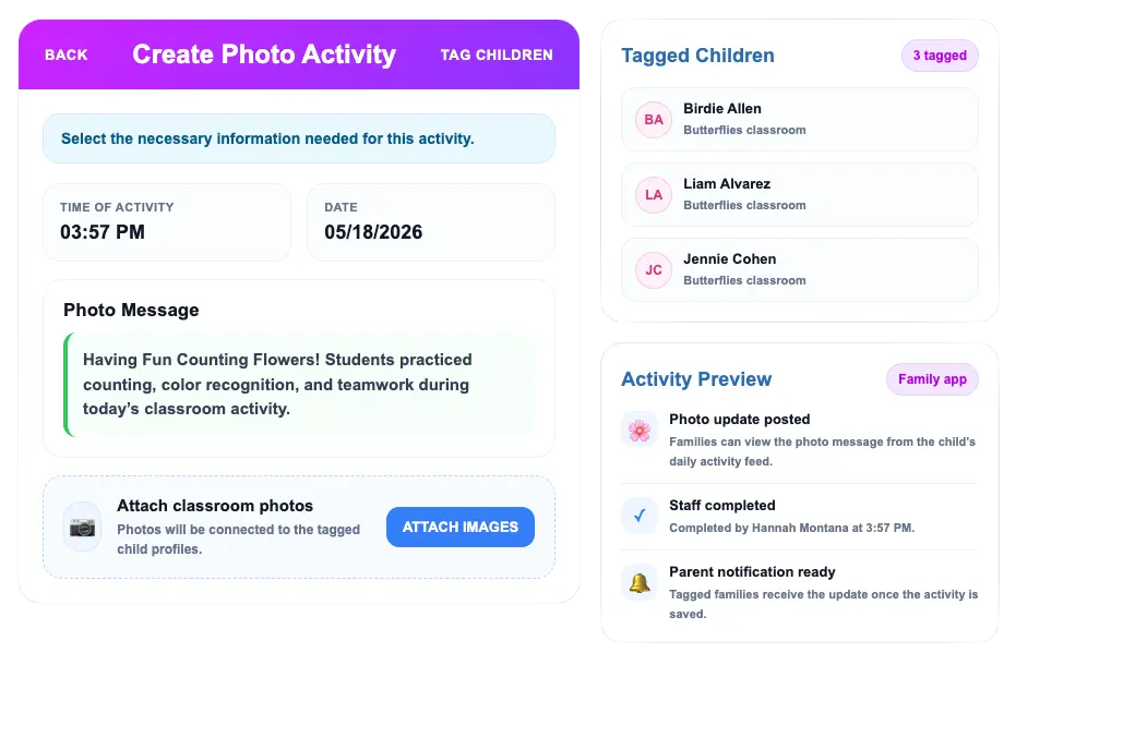 ChildPilot staff portal activities feed and parent app updates connecting families and staff