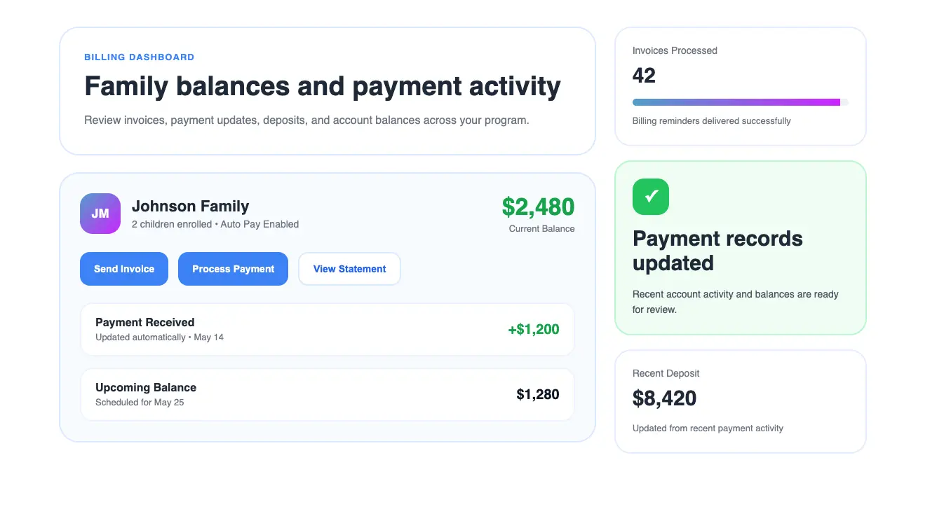 Childcare payment processing and financial visibility for family billing in ChildPilot