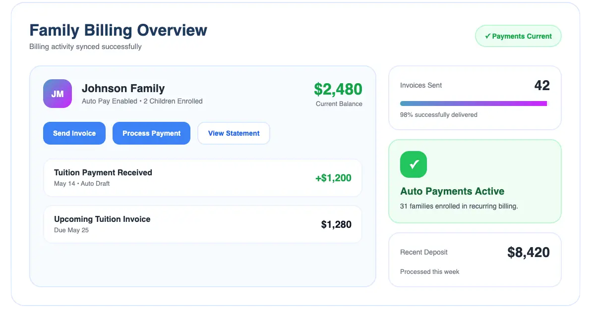 Preschool tuition billing, family billing, and payment processing in ChildPilot