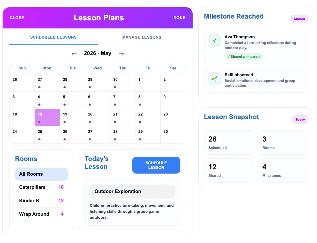 Lesson plans and classroom management for daily preschool operations in ChildPilot