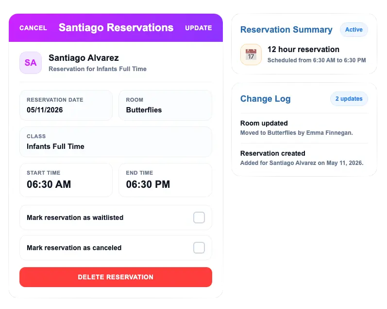 Drop-in childcare reservations, attendance, and scheduling dashboard in ChildPilot