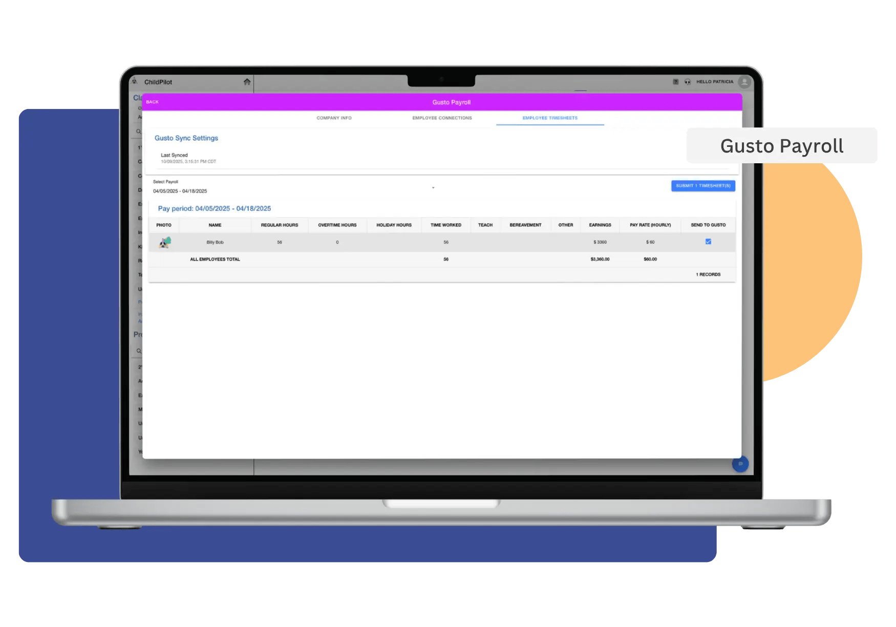 ChildPilot timesheets syncing with Gusto payroll in one connected workflow